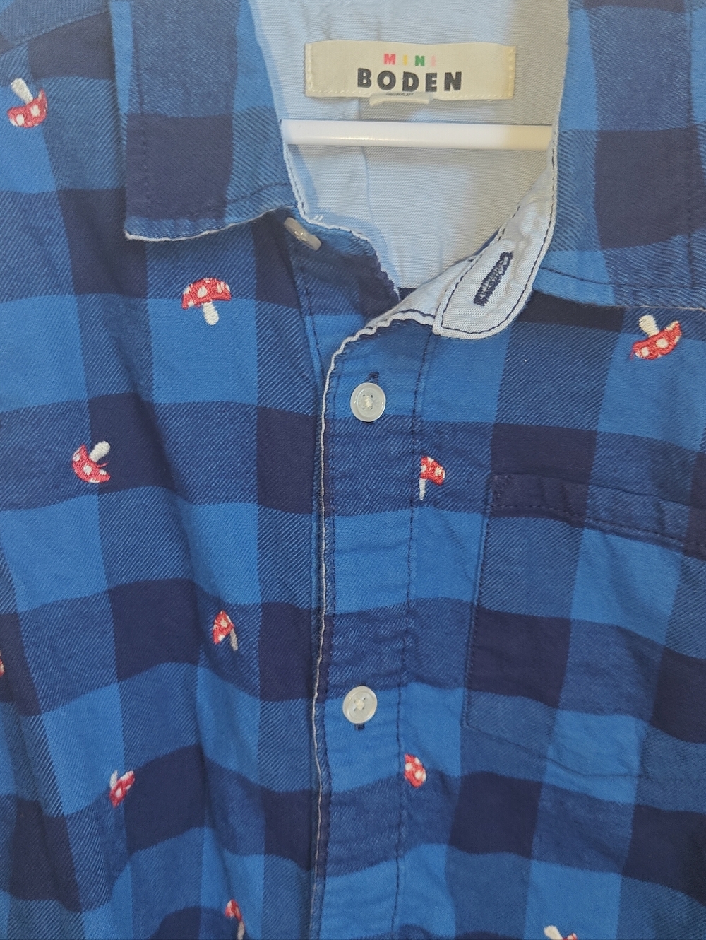 Mini Boden Cosy Cotton Check Flannel Shirt in Blue Mushroom Pattern Boys 7/8 - Picture 5 of 6
